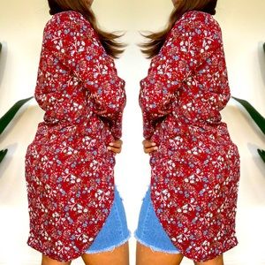 Maroon floral print midi sleeve kimono